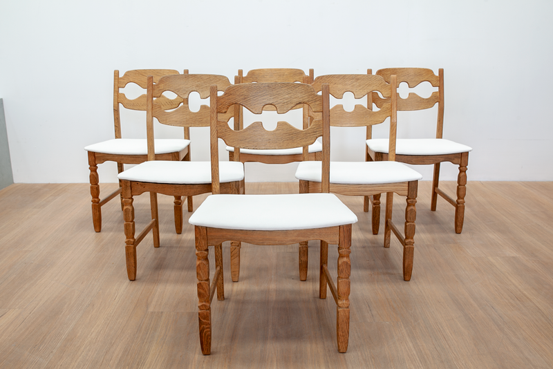 Six Rounded Razor Back White Dining Chairs by Henning Kjærnulf, Danish